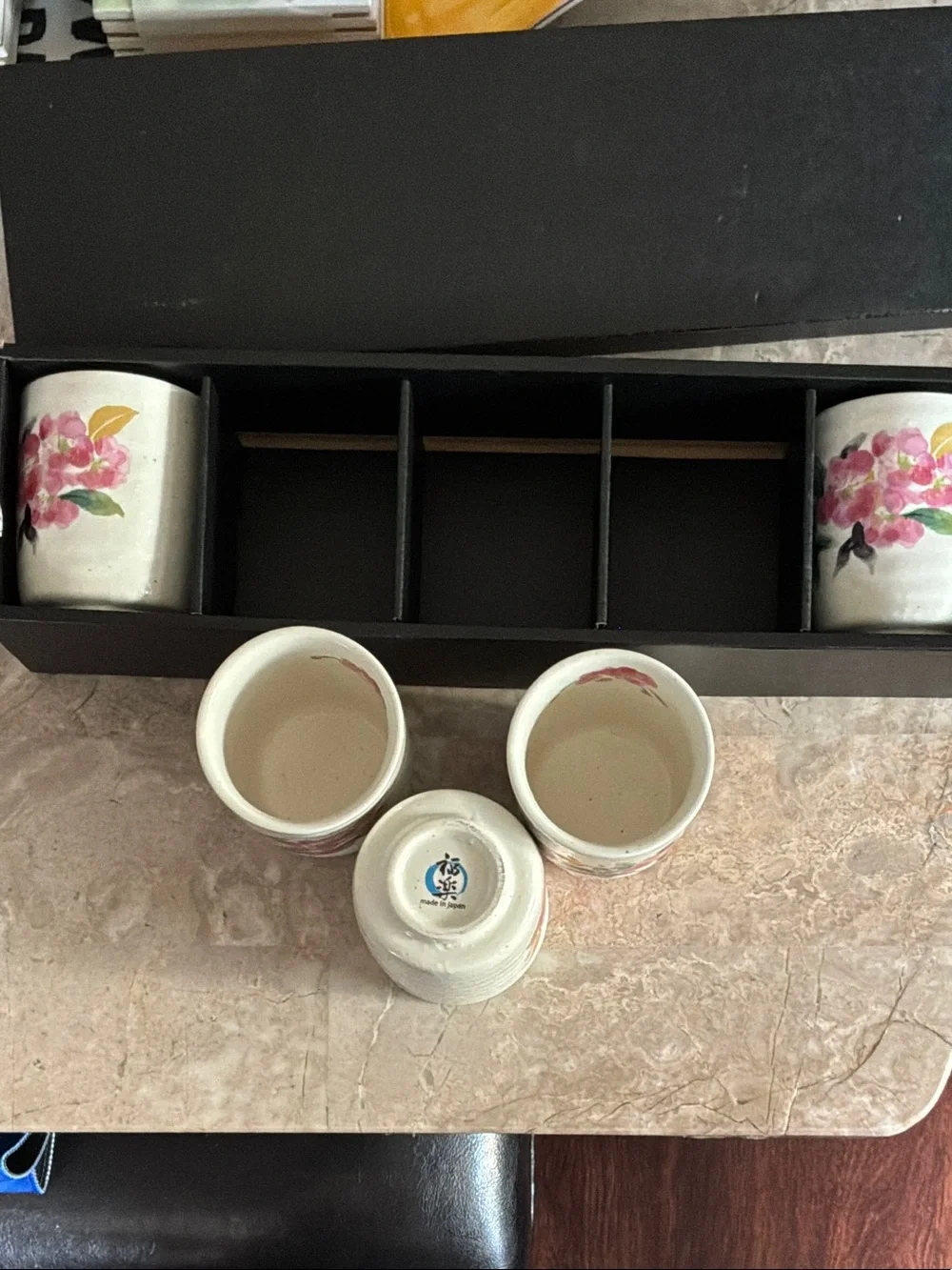 Japanese Hand-Painted Floral Ceramic Tea Cup Set - Pink & Green (Set of 5)